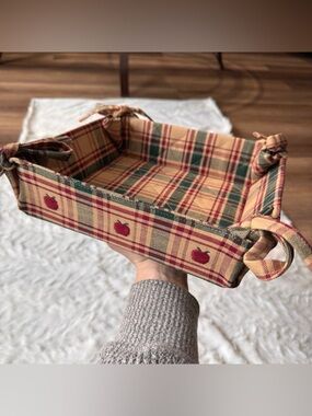 Farmhouse Country Fabric Cloth Bread Basket Side Ties Square Plaid Apples